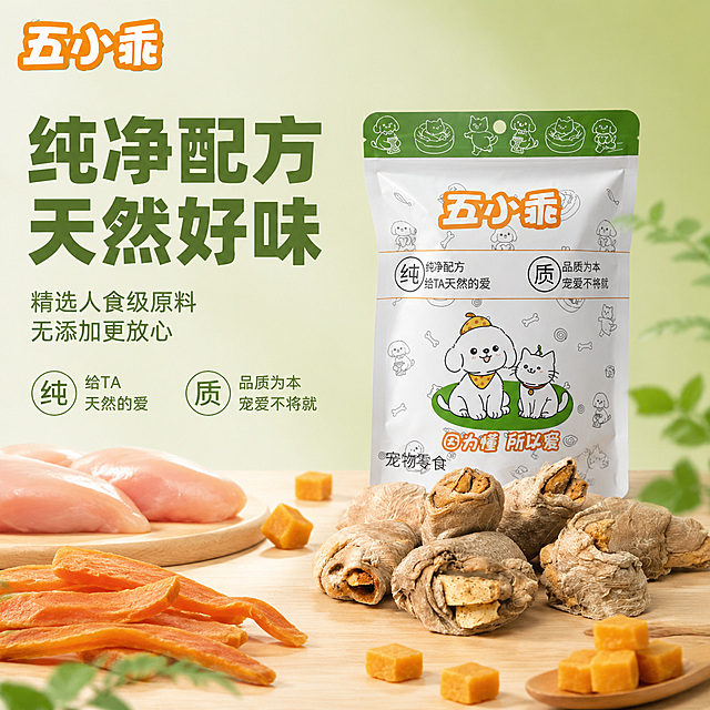 [主图-2] 五小乖宠物零食核心亮点图 纯净配方品质溯源
[氛围风格] 清新自然品质感 浅绿与原木色搭配 传递天然健康理念
[画质] 商业摄影质感 光线柔和通透 产品清晰真实 画面干净高级 超高清细节
[元素] 画面中央偏右为五小乖宠物零食包装袋与拆开的夹心肉卷零食 包装袋与零食外观 物理结构 材质质感 颜色与输入产品图完全一致 杜绝任何变形和色差 精细化处理 包装袋直立 旁边散落3-4颗完整肉卷与1颗被掰开的夹心特写 背景为浅绿渐变到米白的柔和背景 左侧与下方点缀真实食材元素 鸡胸肉片 红薯干 南瓜丁 以自然散落方式摆放 体现纯净原料来源 商品主体占比约60% 画面满屏无边框 产品与食材融合自然 无悬浮感
[光影] 顶部柔光箱均匀布光 主光从上方略偏左照射 形成柔和的顶部高光 产品底部有自然接触阴影 辅光从右侧补光 暗部细节清晰 整体光线均匀干净 突出产品与食材的真实质感
[配色] 主色调清新绿与米白 辅助色暖棕与浅黄 取自产品本身与原料色 整体干净健康
[视角构图] 平视略俯视角 产品位于画面中右部 左侧留出较大负空间 景深较浅 背景纯净 突出产品与原料细节
[文字版式] 左上角放置五小乖品牌Logo 左部负空间左对齐排版 主标题大字粗体 纯净配方 天然好味 深绿色最大号粗体无衬线字 下方分两行辅助文案 第一行 精选人食级原料 第二行 无添加更放心 字号约为主标题三分之一 同色系 主标题下方有两个圆形图标加文字横向排列 左图标 纯 配文 给TA天然的爱 右图标 质 配文 品质为本 宠爱不将就 图标风格与包装一致 所有文字不遮挡产品主体
[输出要求] 1:1比例 文字清晰锐利 超高清商业摄影质感
[负向提示词] 变形 文字错乱 产品图模糊 背景杂乱 水印 电商平台Logo 多余的手 畸形手