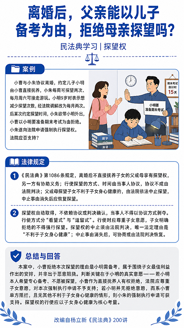 竖版法律科普海报，蓝白配色，扁平插画风格。整体结构：顶部主标题区+中部三个内容区块+底部来源。中部内容区总高度中，法律规定区与总结与回答区合计占66%，案例区占34%。

【顶部主标题区】
主标题大字蓝色粗体："离婚后，父亲能以儿子备考为由，拒绝母亲探望吗？"
副标题："民法典学习 | 探望权"
下方虚线+天平图标分隔线

【案例区（占中部34%）】
左上角蓝色圆角标签，文件夹图标+"案例"二字
左文右图布局，文字字号适中，插画缩小适配
左侧文字：小曹与小朱协议离婚，约定儿子小明由小曹直接抚养，小朱每周可探望两次、每月周六可接走游玩。小明9岁时表示想减少探望次数，经法院调解改为每月两次。后某次约定探望时间，小朱欲带小明外出，小曹以小明要准备期末考试为由拒绝。小朱遂向法院申请强制执行探望权。法院应否支持？
右侧扁平插画：母亲探望被阻拦，孩子书桌前备考场景

【法律规定区】
左上角蓝色圆角标签，书本图标+"法律规定"四字
文字字号放大，分两点：
1. 蓝色圆形序号"1"：《民法典》第1086条规定，离婚后不直接抚养子女的父或母享有探望权，另一方有协助义务；行使探望的方式、时间由当事人协议，协议不成由法院判决；父或母探望子女不利于子女身心健康的，由法院依法中止探望，中止事由消失后应恢复探望。
虚线分隔
2. 蓝色圆形序号"2"：探望权自动取得，不依赖协议或判决确认，当事人不得以协议方式剥夺。行使方式分"看望式"与"逗留式"。行使时应尊重子女意愿，子女明确拒绝的不得强行探望。探望权的中止须由法院判决，唯一法定理由是"不利于子女身心健康"；中止事由消失后，可协商或由法院判决恢复。

【总结与回答区】
浅灰色圆角背景，左上角蓝色盾牌对勾图标+"总结与回答"五字
文字字号放大，正文：本案中，小曹拒绝本次探望的理由是小明需备考，属于围绕子女最佳利益作出的安排，并非出于恶意阻挠。判断关键在于小明的真实意愿——若小明本人希望专心备考、不愿被探望，小曹作为直接抚养人有权拒绝，法院应尊重子女意愿，对本次强制执行申请不予支持；若小明并无拒绝意愿，而系小曹单方阻拦，且无其他不利于子女身心健康的情形，则小朱的强制执行申请可获支持。探望权的行使应以子女身心健康为核心考量。

【底部】
蓝色文字："改编自杨立新《民法典》200讲"
左右角蓝色叶子装饰

版式精美，所有数字精确渲染，9:16竖版比例。