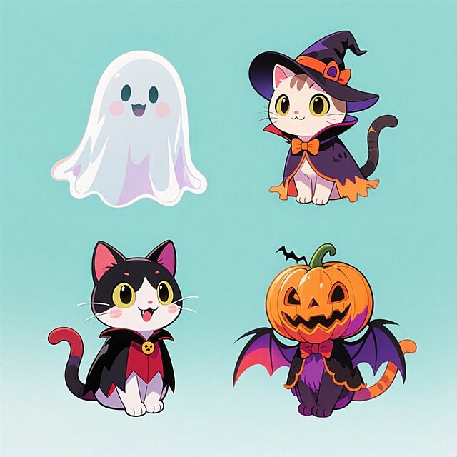 4个不同造型的万圣节小猫变装元素，每个小猫有描边。上下两行整齐排列，不重叠，纯色背景。