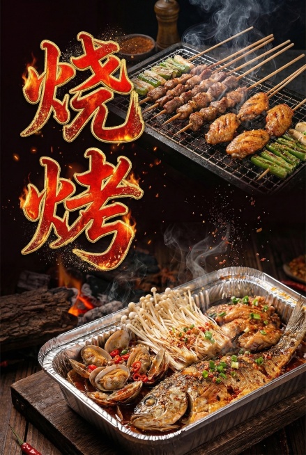 修改图片中的"烧烤"两个白色文字，设计成创意艺术字，整体呈现出红红火火的视觉效果，文字主体为鲜红色，带有金色描边和闪亮点缀，保留文字竖排结构，保持背景和烧烤食物不变，整体风格喜庆热烈，画质高清预览效果