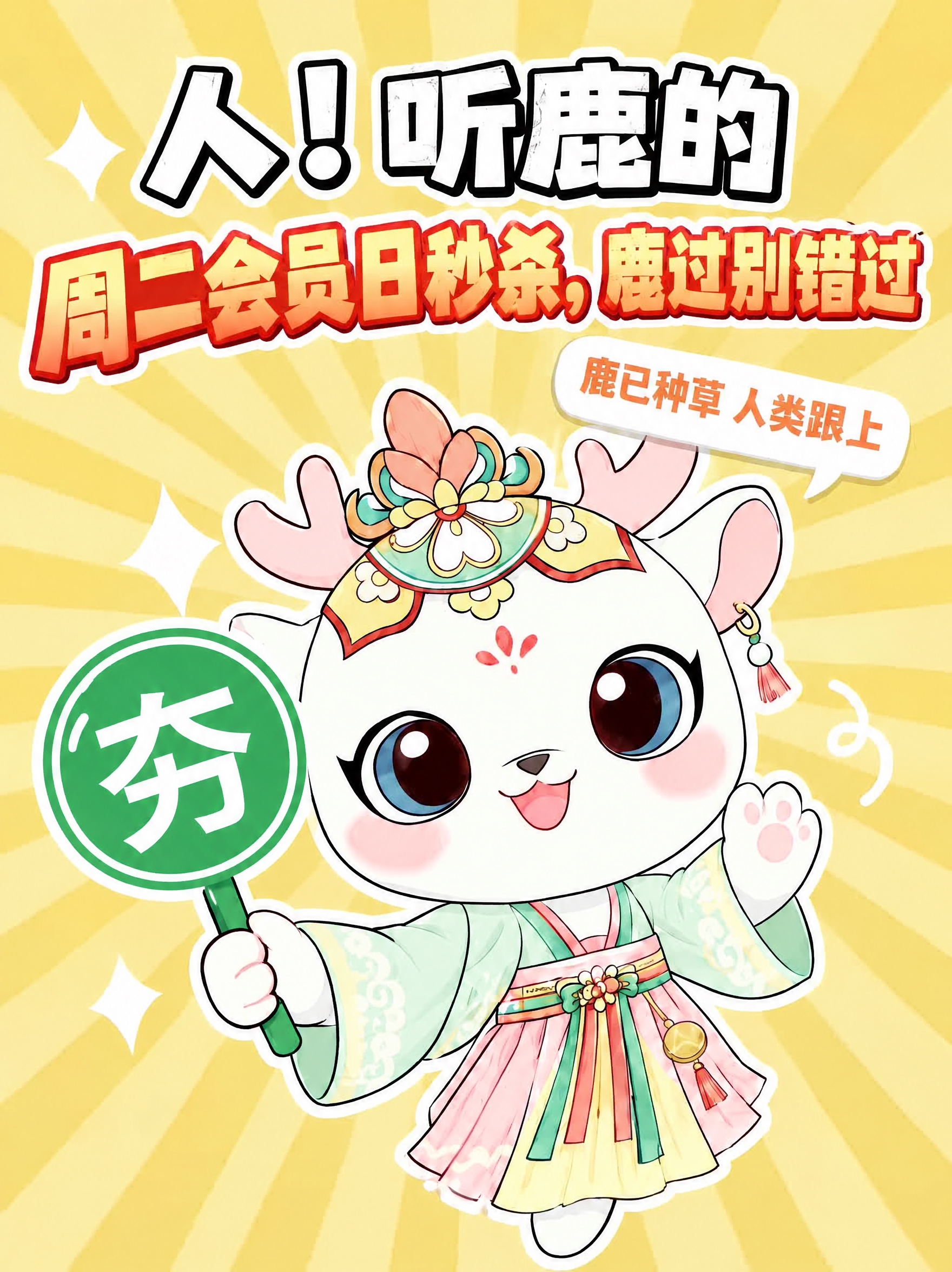 仅修改一处，其余全部保持不变：小鹿手中举的绿色牌子改为正圆形牌… - 图片创意预览