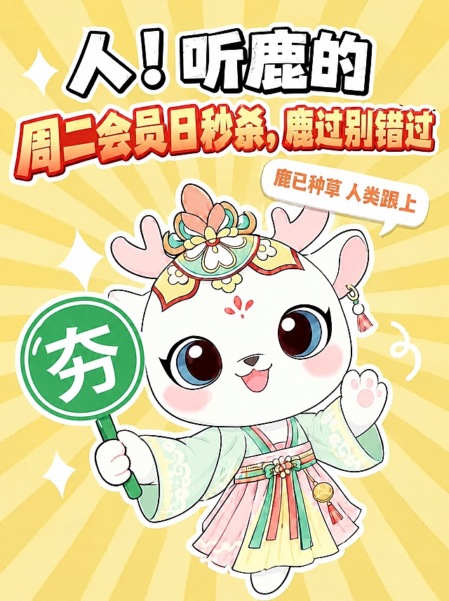 仅修改一处，其余全部保持不变：小鹿手中举的绿色牌子改为正圆形牌面（圆形绿色圆盘，牌面中央仍是白色“夯”字，保留白色描边与下方绿色小棍手柄及小鹿手握手柄的姿态），不要圆角方形牌面。
保持不变的：小鹿造型、服饰、头饰、姿势与整体画风；文字“人！听鹿的”“周二会员日秒杀，鹿过别错过”与右上气泡“鹿已种草 人类跟上”；黄色放射背景、白色小星形与小卷线装饰；画面右侧产品位置继续留白。