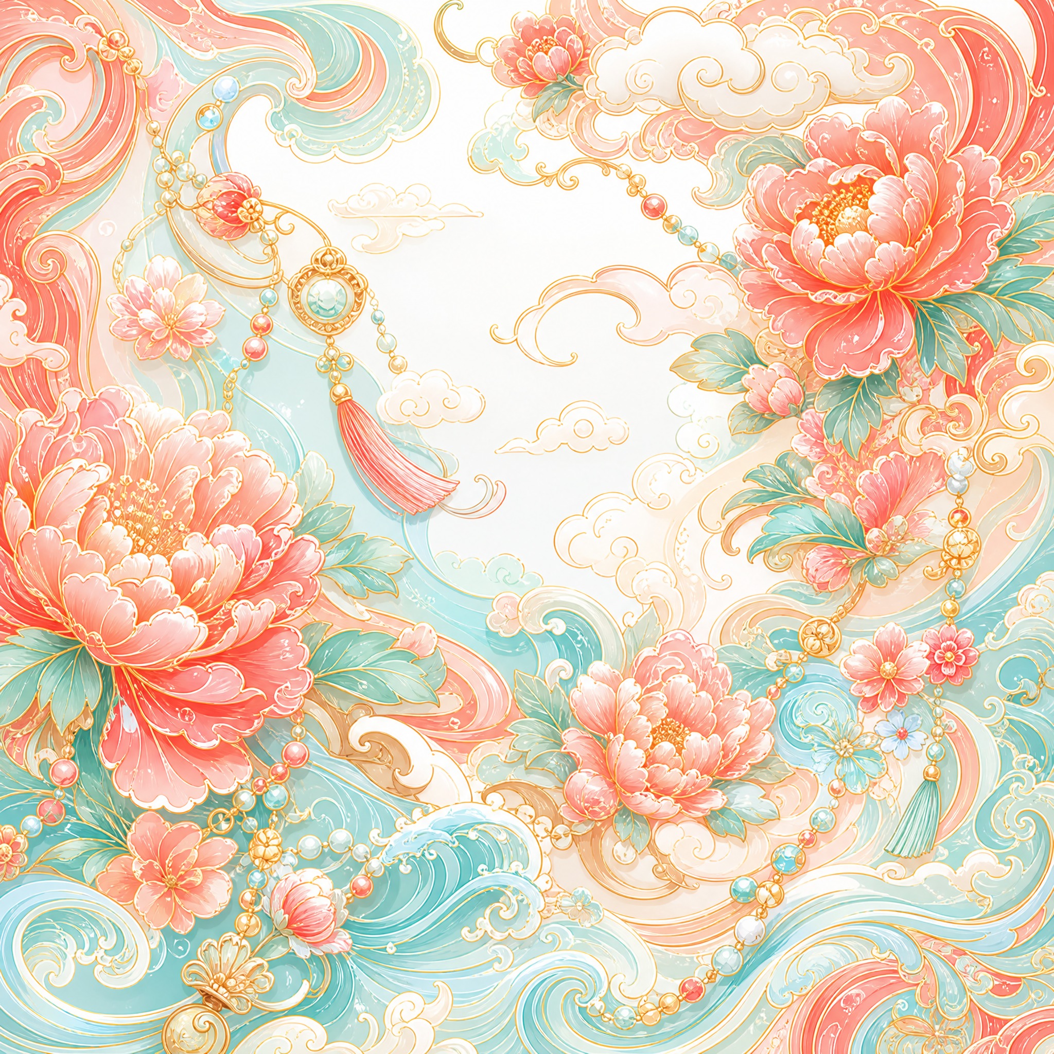 参考图中锦鲤的国风插画风格，以牡丹花卉、祥云、水纹、流苏珠宝为… - 图片创意预览