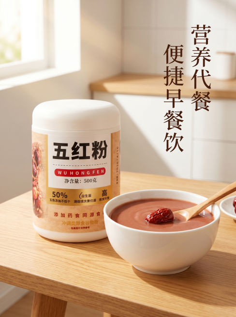 [主图 4] 五红粉日常冲调场景展示。氛围风格：健康早餐日常场景，自然养生生活方式。画质：商业摄影质感、光线柔和通透、产品清晰真实、画面干净高级，2K分辨率文字清晰可辨。元素：保持五红粉产品罐外观与原预览效果