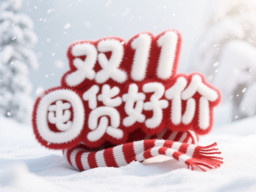 白色毛绒绒的“双11囤货好价”字体。点缀红白条纹围巾，雪天背景。预览效果