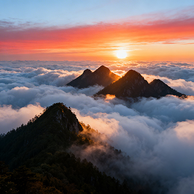 超写实风景，山林云海日出场景，蓬松的云海在山间翻涌流动，质感轻盈如棉絮，几座黛青色的山峰顶端从云海中露出，轮廓硬朗清晰，初生朝阳的金色光芒遍洒群山和云海表面，给云海和峰顶都镀上一层温暖的金边，上方天空从橙红渐变到淡蓝色，整体气势磅礴壮丽，光影层次丰富，质感真实细腻
