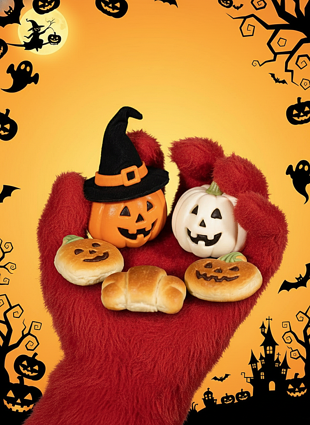 一只红色毛绒怪物的手托着主体，橙黄色背景，边缘点缀黑色剪影风格的万圣节元素：南瓜灯、幽灵、蝙蝠、女巫剪影、城堡和扭曲的树木