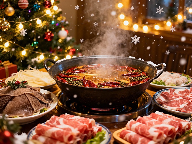 中式火锅宴遇圣诞，蒸汽氤氲中融汇喜庆与温馨，实景美食摄影风搭配光影与雪景，重拟物质感呈现节日温暖氛围。
