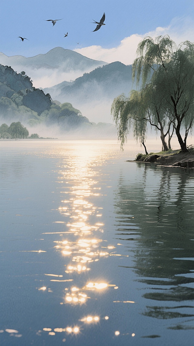 古风优美干净的描写"波光粼粼"的山水画波光粼粼