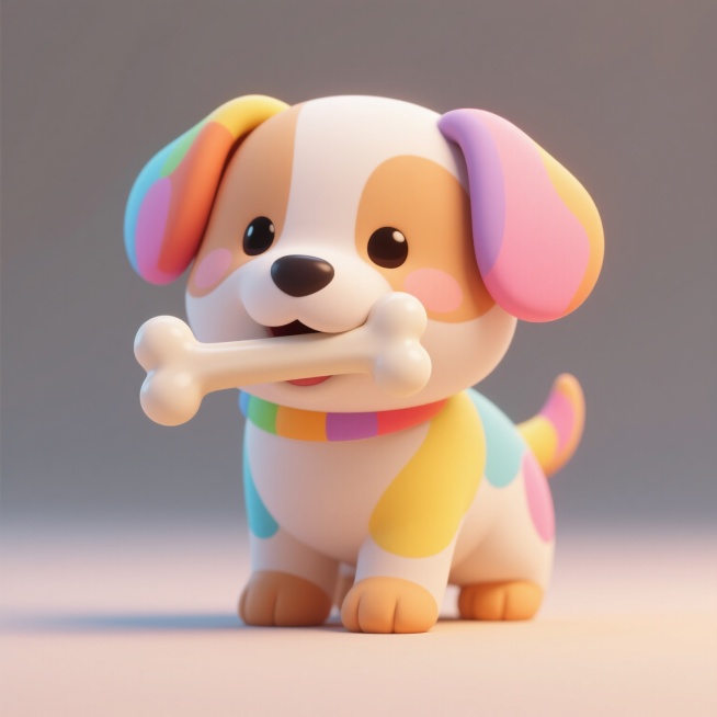 一只可爱的卡通小狗，嘴里叼着一根骨头，整体采用软萌的3D立体风格，圆润的线条和柔和的边缘，色彩丰富明快，以鲜亮的彩色为主色调，光影柔和自然，营造出轻松愉悦的氛围，构图简洁明了，突出小狗与骨头的主体形象，充满童趣和可爱感。预览效果