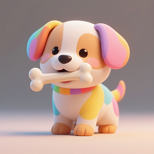 一只可爱的卡通小狗，嘴里叼着一根骨头，整体采用软萌的3D立体风格，圆润的线条和柔和的边缘，色彩丰富明快，以鲜亮的彩色为主色调，光影柔和自然，营造出轻松愉悦的氛围，构图简洁明了，突出小狗与骨头的主体形象，充满童趣和可爱感。