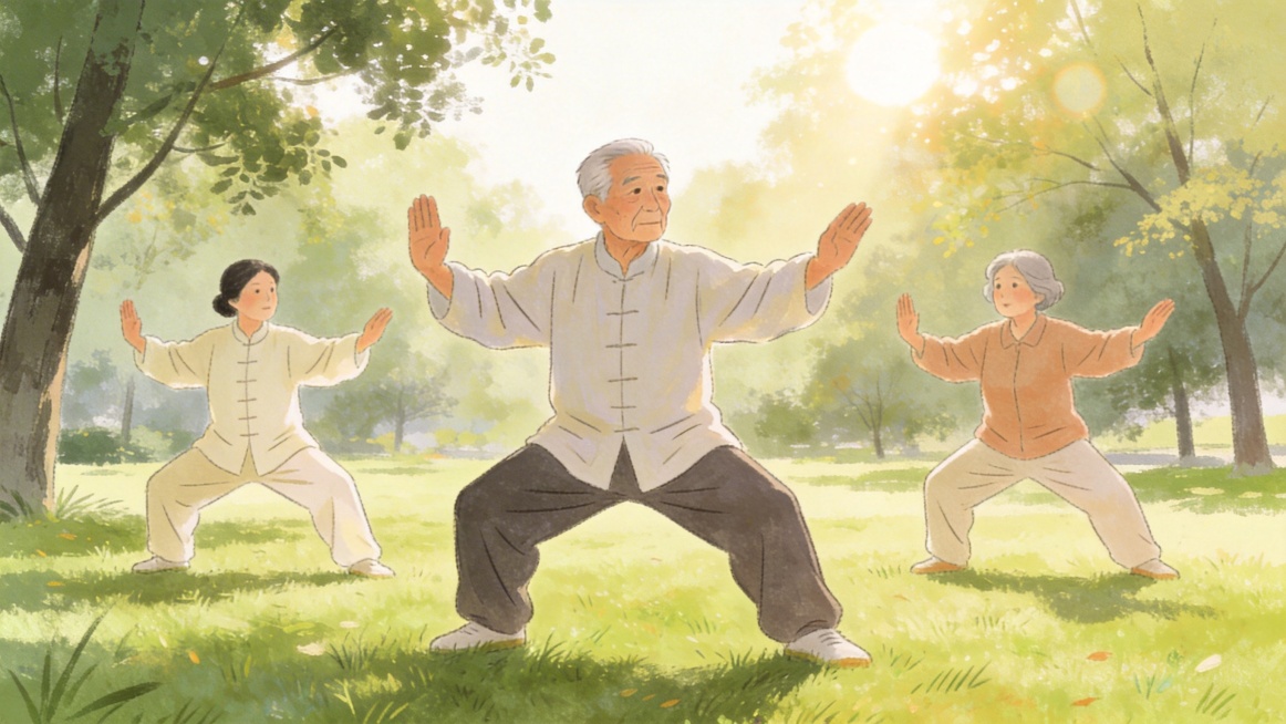 中老年人练习八段锦的低强度抗阻运动场景，手绘插画风，画面干净舒缓，不包含任何文字，风格柔和自然预览效果