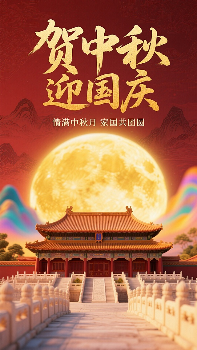 中式美学风格，背景：褚红色，山水暗纹。画面上方有书法字标题“贺中秋 迎国庆”和小字“情满中秋月 家国共团圆”，金色；画面下方为故宫建筑，后面是模糊的金黄色圆月轮廓，呈现高斯模糊与炫彩光影叠化效果，增强梦幻氛围