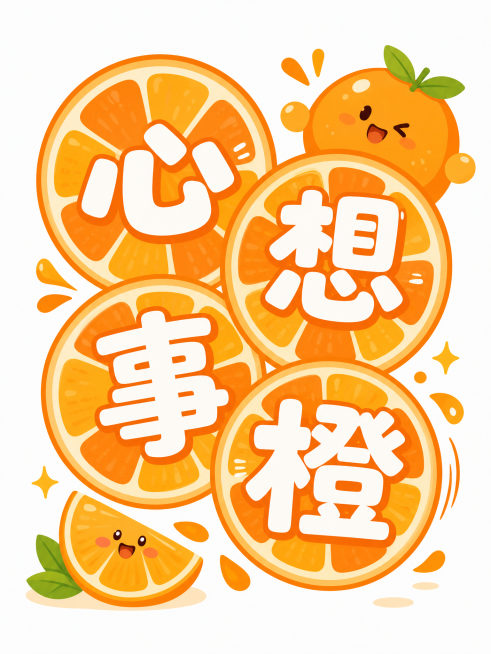 提取原图图案，独立生成一张新图片，包含文字心想事橙和橙子切片圆形图案，保持橙色系暖色调，卡通风格预览效果