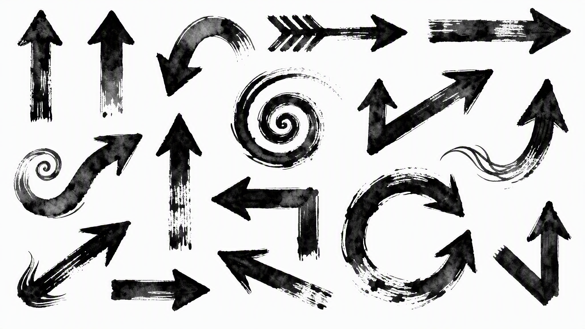 将图中所有深绿色的箭头和图案改成纯黑色，保持水墨笔刷的纹理、笔… - 图片创意预览