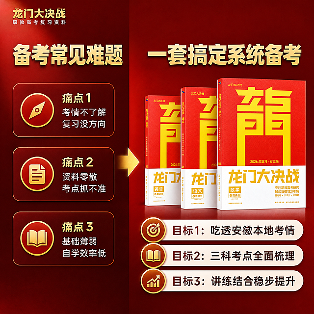 [主图-2] 备考痛点与学习目标。呈现职教高考备考常见问题 引出龙门大决战复习资料的解决方案和学习目标。
[统一基调] 专业稳重教育教辅风格 红金白配色 深红渐变背景 金色点缀 粗体无衬线标题字 圆角信息卡片 左上角品牌标识。
[画面] 左右布局 左侧用简洁图标和文字呈现备考三个常见问题 右侧展示龙门大决战三本教辅书 语文数学英语红色封面黄色大字 阶梯式摆放 中间用箭头连接表示解决路径 书本下方有柔和接触阴影。
[光影质感] 商业摄影质感 主光左上方 书本封面纹理清晰 红色饱和适中 金色有光泽 整体明亮均匀。
[配色] 深红主色 金色辅助 白色文字 左侧痛点区稍暗 右侧解决方案区明亮。
[文字版式] 左侧上方痛点标题 下方三个痛点条目 右侧上方解决方案标题 下方三个学习目标 全部横排 主标题最大 辅助文字缩小 清晰可读 不遮挡书本。
主标题左侧：备考常见难题
痛点1：考情不了解 复习没方向
痛点2：资料零散 考点抓不准
痛点3：基础薄弱 自学效率低
主标题右侧：一套搞定系统备考
目标1：吃透安徽本地考情
目标2：三科考点全面梳理
目标3：讲练结合稳步提升
[输出要求] 1:1比例 2048px 文字清晰 产品完整 无变形 无错字 无水印 无平台logo