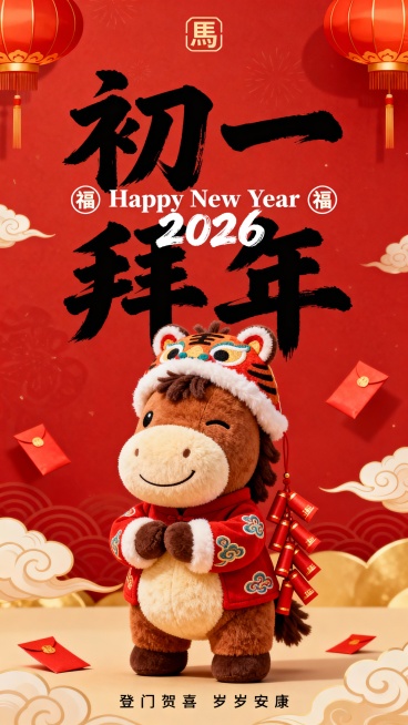 提示词：纯正面小马，Q 版棕褐配色的拟人毛绒小马公仔（腹部是浅米色毛绒，单眼眯起微笑，鬃毛为深棕短绒质感，圆鼓鼓的肚子），站立，头戴虎头帽、身着红棉服（棉服绣祥云纹），双手作揖拜年，身侧挂着一串红色红预览效果