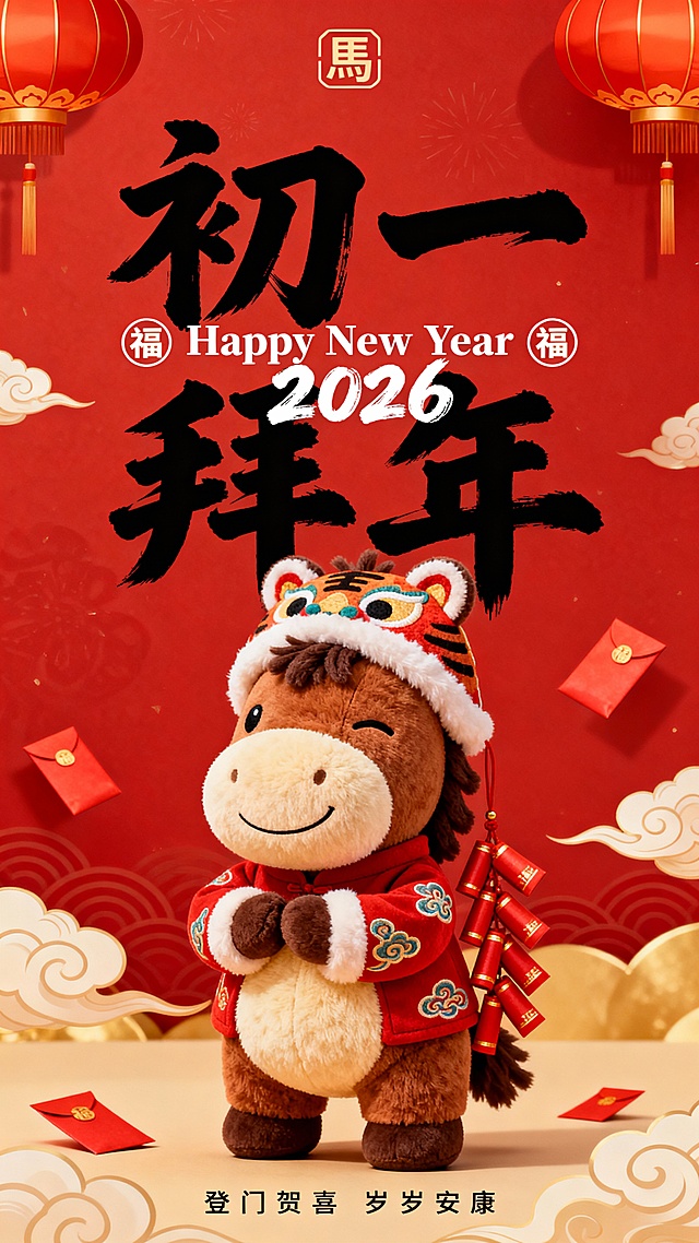 提示词：纯正面小马，Q 版棕褐配色的拟人毛绒小马公仔（腹部是浅米色毛绒，单眼眯起微笑，鬃毛为深棕短绒质感，圆鼓鼓的肚子），站立，头戴虎头帽、身着红棉服（棉服绣祥云纹），双手作揖拜年，身侧挂着一串红色红包。红色背景，搭配红 / 金配色灯笼与祥云纹样；小马公仔位于画面中下部核心区域；画面上部排布大号黑色毛笔大字 “初一 拜年”（笔触清晰），中间叠印白色体小字 “Happy New Year 2026”，背景文字两侧点缀圆形 “福” 字标识，画面顶部有小型 “馬” 字图形标识，底部有黑色很小的字 “登门贺喜 岁岁安康”（2026 为毛笔字体），背景点缀几个红包。