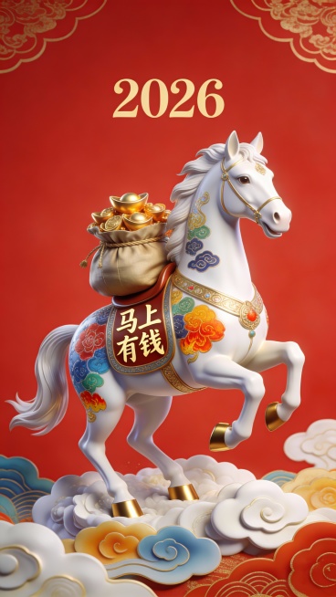 生肖马，国风画风，马身上有五色组合，金，木，水，火，土组成的花纹，飞奔在中国云纹上的白色骏马，马蹄踏进云彩里，层次分明，中国传统纹饰，色彩欢快，明艳，瑰丽，美轮美奂，线条柔美，飘逸，灵动，传统美学，立预览效果