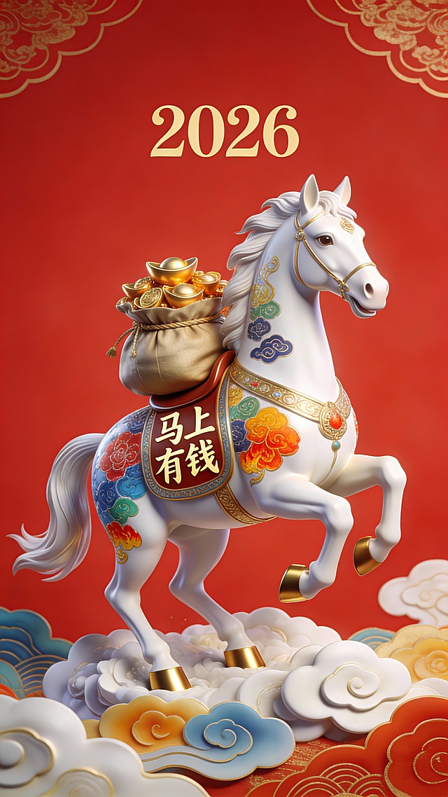 3D重拟物风格，鎏金浮雕细节，中式喜庆元素融合，祥云托马寓意“马上有钱”，红金配色尽显节日氛围。