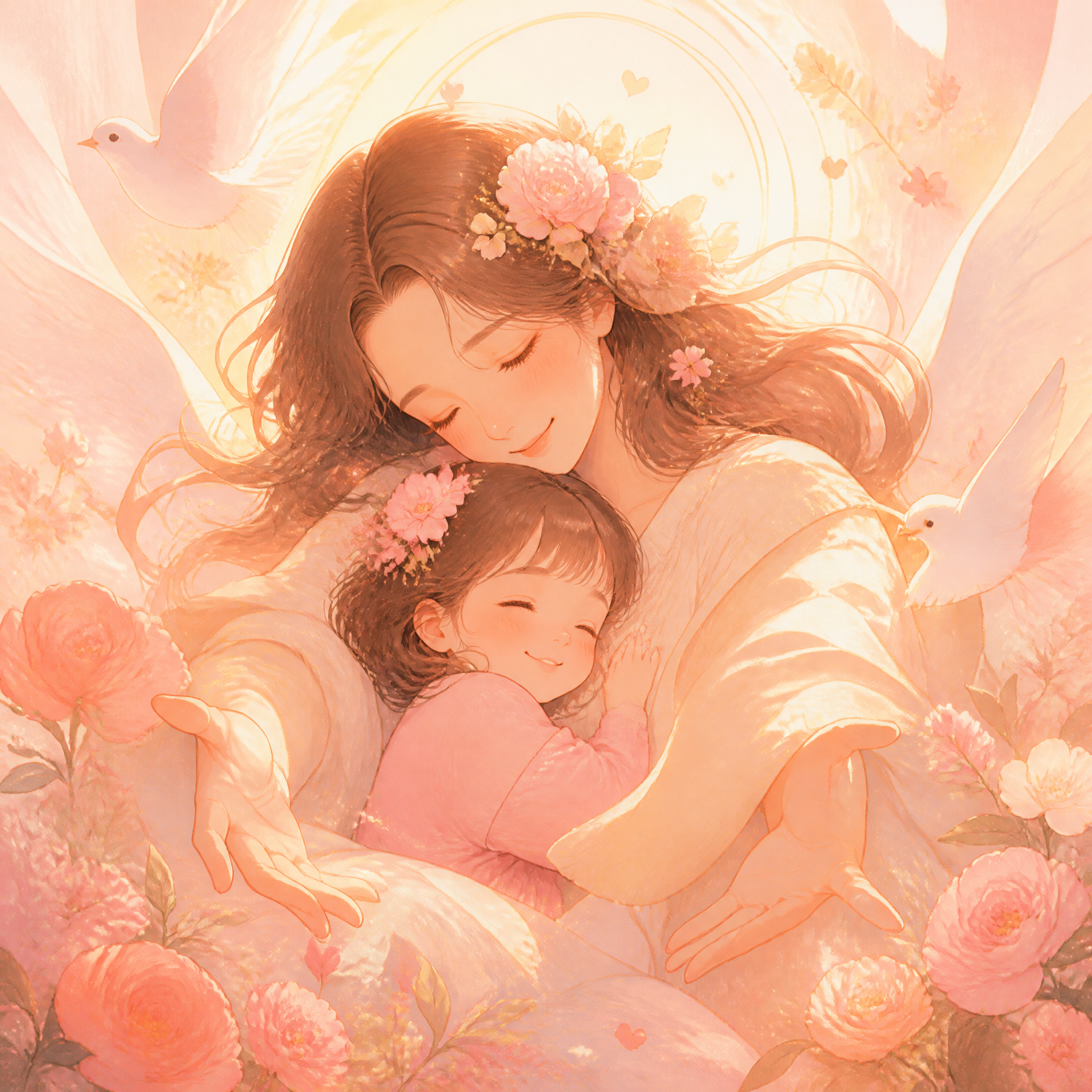 温暖治愈插画风格，柔和暖光笼罩，一位温柔的母亲张开双臂守护着身… - 图片创意预览