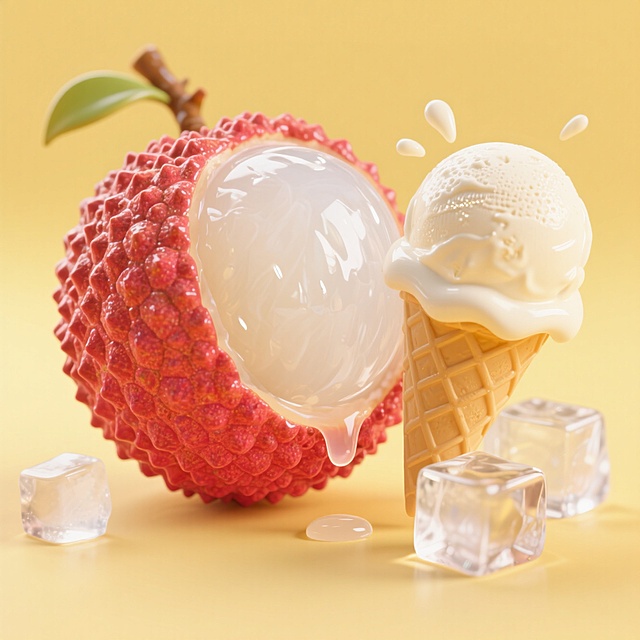 清新3D风设计，轻拟物荔枝与冰淇淋结合，冰块点缀，夏日清凉感十足。