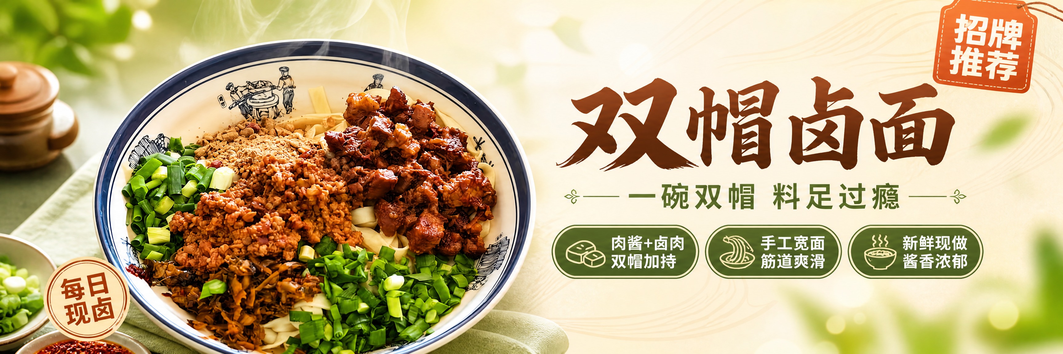 横版超宽幅美食横幅海报，主题为双帽卤面。画面中央偏左位置是一碗… - 图片创意预览