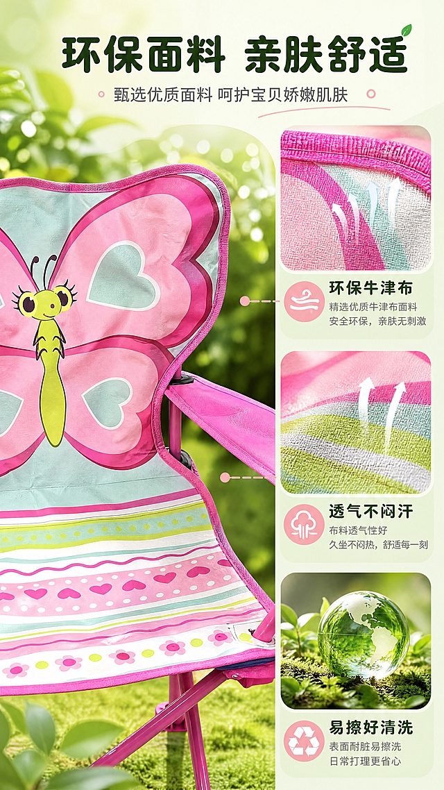 [商品] 使用【图8】白底蝴蝶款儿童椅与【图9】面料包边细节；保留牛津布面料纹理、彩色条纹图案、包边缝线、金属支架；商品处理：增强面料纹理清晰度、缝线质感与色彩饱和度，不改变图案和颜色。
[画面] 第5张·环保材质，目标突出面料环保亲肤与舒适坐感；微距质感型，左侧大画面展示面料纹理与坐面细节（占画面60%），右侧上下分两小格：上=面料透气特写、下=环保材质图标示意；背景为柔和的自然绿植虚化。
[视觉] 套系策略：风格=童趣自然商业摄影风；标题字=圆润粗黑体；正文字=圆角无衬线体；主色=清新薄荷绿；背景延展=基于薄荷绿做深浅层级、同色渐变与自然植物质感；强调色=蜜桃粉，仅用于小面积图标、引线和标签；标题色=深森林绿；正文色=中暖灰；组件=圆角软底信息卡、曲线引线、圆点装饰；光影=左前侧暖柔自然光，柔和阴影。
[文字] 顶部主标题"环保面料 亲肤舒适"，副标题"甄选优质面料 呵护宝贝娇嫩肌肤"；右侧3个卖点：环保牛津布、透气不闷汗、易擦好清洗；文字不遮挡面料细节。
[规格] 图片比例9:16竖版，4K，负向提示：避免变形、错字、文字过小、冷蓝灰背景、面料图案改变、材质虚假宣传。