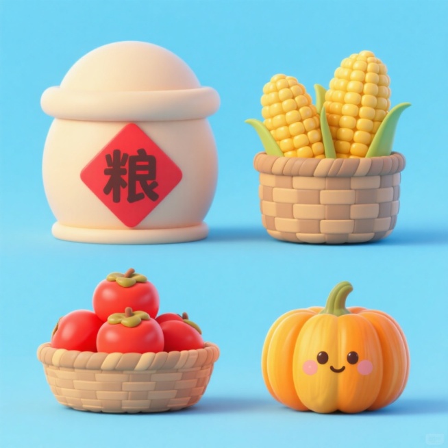 4个中秋素材组合，可爱电商促销感。素材包括：第一个粮仓（贴着带有 “粮” 字的红色菱形福字）；第二个一筐玉米；第三个一筐柿子；第四个南瓜。画面整体呈现鲜艳效果，淡蓝色背景。上下两行，排列整齐预览效果