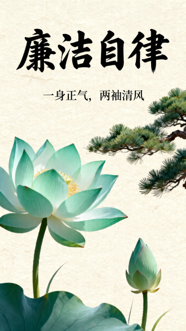 廉洁文化宣传海报，整体简洁大气，中国风设计，画面有干净的青莲、青松元素，背景为浅米宣纸纹理，上方书写书法大字“廉洁自律”，下方配小字“一身正气，两袖清风”，整体风格典雅庄重，意境清正预览效果