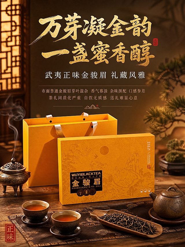 [商品] 使用【图2】金骏眉橙黄色山水纹礼盒与【图1】配套手提袋；保留礼盒正面黑色标签、"WUYIBLACKTEA 金骏眉"字样、山水纹图案、橙黄色主色、手提袋外观与缎带提手；礼盒与手提袋结构、颜色、材质、文字完全与输入图一致，不做任何改写。
[画面] 页面目标：首屏痛点共鸣+Slogan主张，建立中式高端茶礼第一印象。构图采用上文下图海报型，上半部分为痛点与Slogan文字区，下半部分为产品主体与茶席场景。金骏眉礼盒居中偏右，配套手提袋在礼盒后方左侧略微错开，两者组合占画面约55%。礼盒前方茶席上摆放紫砂壶、两只品茗杯（盛有琥珀色茶汤）、茶荷盛着金骏眉干茶、古铜小香炉飘着青烟。背景为虚化的中式茶室：松枝竹影、古窗棂、暖金色光晕，≥3层环境元素，禅意雅致。
[视觉] 套系策略：风格=新中式轻奢雅致商业摄影；标题字=粗重书法体带飞白墨迹；正文字=细宋体；主色=暖金橙棕；背景延展=基于暖金橙棕做深浅层级、同色渐变和细腻宣纸/木纹质感；强调色=朱红印章色，仅用于小面积印章、图标引线和标签；标题色=烫金质感金色；正文色=米白/浅棕；组件=细金线描边圆角卡片、中式纹样分割线、印章式标签；光影=左前侧暖柔光，背景暖金色逆光勾勒轮廓。
[文字] 画面上方主标题：万芽凝金韵 一盏蜜香醇（烫金书法大字，居中，分两行）；主标题下方副标题：武夷正味金骏眉 礼藏风雅（米白细宋体，居中）；副标题下方用两行浅棕色小字呈现痛点：市面普通金骏眉芽叶混杂 香气寡淡 杂味拼配 口感参差；茶礼同质化严重 自饮无质感 送礼难显心意。文字均在上半部分负空间，不遮挡礼盒主体。左下角加一枚朱红印章写"正味"。
[规格] 图片比例3:4竖版（1500×2000），4K，移动端文字清晰可读。负向：禁止礼盒变形、颜色偏差、标签文字错误、文字竖排、极限词、冷蓝冷灰背景、人物出现、水印、平台Logo。