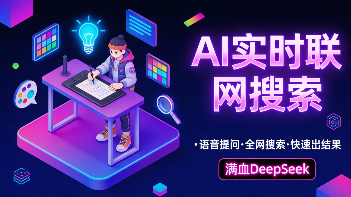 这是一张潮流创意风的 2.5D 等距视角 AI 产品宣传图，采用左图右文的个性版式。左侧主体是一个霓虹紫渐变的立体创意工作台，平台上有一位身着潮流服饰的卡通人物，正用数位板绘制创意设计稿，周围环绕着荧预览效果
