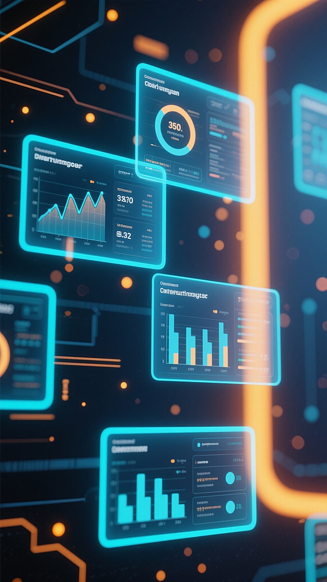 赛博朋克风格的数据可视化界面，深蓝色与青色为主色调，辅以橙黄色光点作为点缀，整体呈现出科技感与未来感。画面中多个半透明的矩形数据窗口层叠排列，窗口内包含各种图表（如折线图、柱状图）、数据指标和文字信息，部分窗口边缘有发光的蓝色边框。背景为深色，散布着许多细小的光点和模糊的线条，营造出深邃的数字空间氛围。光线从右侧照射，形成柔和的光晕效果，增强了画面的层次感和立体感。界面设计具有强烈的科技感和信息密度，视觉层级清晰，主要数据图表通过大小和亮度被突出显示，文字采用无衬线字体，与整体风格统一，信息传达高效，符合科技产品展示或数据监控场景的设计需求。