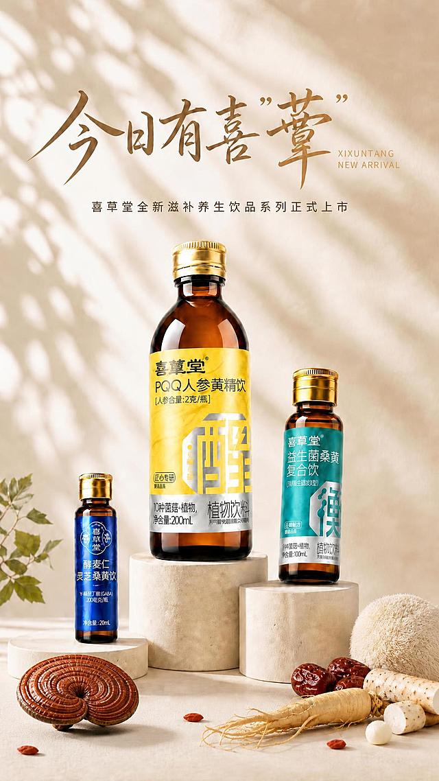 在原图基础上修改左下角原料：去掉桑黄，将左下角的灵芝替换为一朵更精致好看的整朵红灵芝，菌盖圆润饱满，有清晰的同心环状纹理，表面油亮有光泽，带短菌柄，形态优美有高级感，放在左下角台面上。其余所有内容保持不变：三款饮品瓶身和展台位置不变，暖调自然光、树叶光斑、浅米色墙面台面不变，上方标题文字不变，右侧的人参、猴头菇、红枣、山药等原料不变，枸杞点缀不变。三款瓶身100%还原原图的外形、包装、LOGO、文字、颜色。整体干净高级。