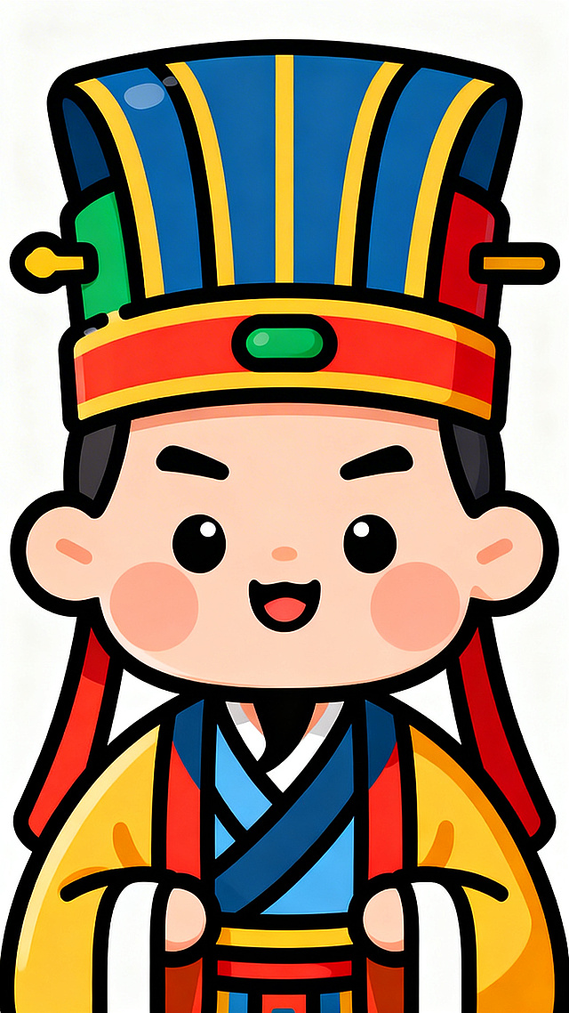 卡通风格的三国时期诸葛亮的帽子，造型还原传统样式，色彩明快活泼