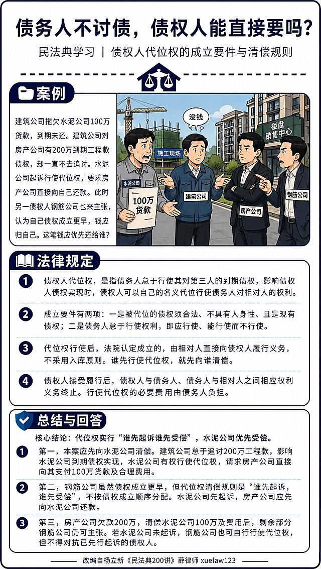 基于参考图的版式骨架进行精确复刻，整体结构、分区、配色体系、装饰风格、图标样式、圆角卡片、虚线分隔、顶部天平图标等全部保留不变，仅将所有文字内容和右侧案例插图替换为本次新内容；不添加二维码占位，不增加任何新元素，不改变结构。

【主标题区】
主标题大字：“债务人不讨债，债权人能直接要吗？”
副标题小字：“民法典学习 | 债权人代位权的成立要件与清偿规则”
主标题下方保留一条横向虚线，中间保留蓝色天平小房子图标，样式与参考图一致。

【案例区（左文右图结构，与参考图同布局）】
左侧深蓝色圆角标签写“案例”，配文件夹图标。
左侧文字内容（完整保留，不得删减改写）：
“建筑公司拖欠水泥公司100万货款，到期未还。建筑公司对房产公司有200万到期工程款债权，却一直不去追讨。水泥公司起诉行使代位权，要求房产公司直接向自己还款。此时另一债权人钢筋公司也来主张，认为自己债权成立更早，钱应归自己。这笔钱应优先还给谁？”
右侧案例插图替换为：三角债务纠纷场景插画，画面左侧是水泥公司代表手持100万货款账单，表情焦急；中间是建筑公司代表摊手表示没钱，身后有建筑施工元素；右侧是房产公司代表站在楼盘前，旁边还有钢筋公司代表在争抢主张权利，整体为卡通写实漫画风格，人物为亚洲面孔，色调与参考图一致，画面清晰。

【法律规定区（深蓝色圆角标签，配书本图标）】
标题：“法律规定”
下方白色圆角卡片内，用4条带深蓝色圆形数字序号的条目呈现，序号分别为1、2、3、4，每条之间用浅蓝色虚线分隔：
1. “债权人代位权，是指债务人怠于行使其对第三人的到期债权，影响债权人债权实现时，债权人可以自己的名义代位行使债务人对相对人的权利。”
2. “成立要件有两项：一是被代位的债权须合法、不具有人身性、且是现有债权；二是债务人怠于行使权利，即应行使、能行使而不行使。”
3. “代位权行使后，法院认定成立的，由相对人直接向债权人履行义务，不采用入库原则。谁先行使代位权，就先向谁清偿。”
4. “债权人接受履行后，债权人与债务人、债务人与相对人之间相应权利义务终止。行使代位权的必要费用由债务人负担。”

【总结与回答区（深蓝色圆角标签，配对勾盾牌图标）】
标题：“总结与回答”
核心结论行：“核心结论：代位权实行‘谁先起诉谁先受偿’，水泥公司优先受偿。”
下方3条带深蓝色圆形数字序号的条目，序号分别为1、2、3，每条之间用浅蓝色虚线分隔：
1. “第一，本案应先向水泥公司清偿。建筑公司怠于追讨200万工程款，影响水泥公司到期债权实现，水泥公司有权行使代位权，请求房产公司直接向其支付100万货款及合理费用。”
2. “第二，钢筋公司虽然债权成立更早，但代位权清偿规则是‘谁先起诉，谁先受偿’，不按债权成立顺序分配。水泥公司先起诉，房产公司应先向水泥公司还款。”
3. “第三，房产公司欠款200万，清偿水泥公司100万及费用后，剩余部分钢筋公司仍可主张。若水泥公司未起诉，钢筋公司也可自行行使代位权，但不得对抗已先行起诉的债权人。”

【底部】
保留底部一条横向细线，下方小字改为：“—— 改编自杨立新《民法典200讲》 薛律师 xuelaw123 ——”，样式与参考图一致。

【硬约束】
- 严格保留参考图的版式骨架、分区比例、配色体系（深蓝主色+浅蓝点缀+白色卡片）、字体层级、圆角卡片样式、图标风格、虚线分隔样式、标签样式。
- 所有文字内容必须完整准确呈现，不得删减、改写、遗漏或编造；所有数字（100万、200万等）必须精确渲染。
- 不添加二维码占位符，不增加任何新的装饰元素或内容区块。
- 画面中所有信息区域必须填充完整，不得出现空白框、空白占位或待填写区域。
- 整体为竖版法律科普海报风格，扁平插画+信息卡片结合，清晰易读，版式精美。