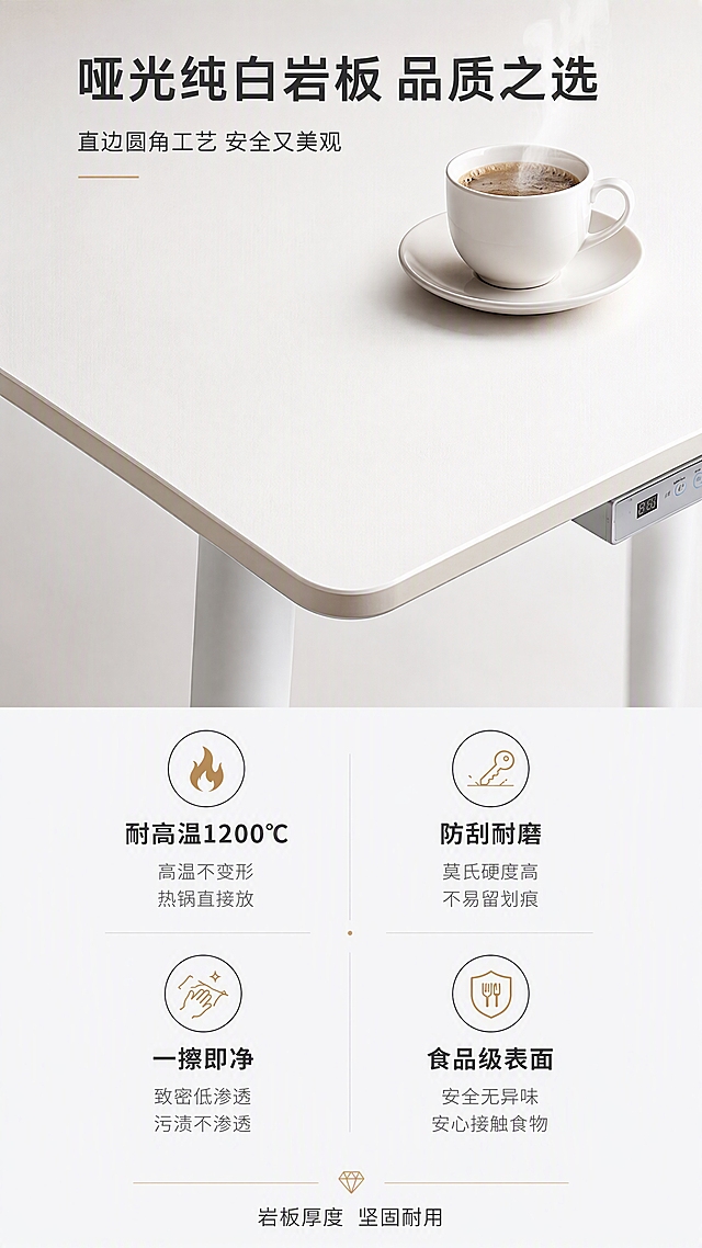 [第3张] 材质解析页—哑光纯白岩板桌面材质工艺特写。本张使用【图1】作为商品主体，重点展示桌面部分。
[氛围/风格] 高级材质特写风，亮色调，商业摄影质感，精致细腻。
[元素布局] 画面上半部分为岩板桌面45°俯视特写，占比约50%，展示哑光纯白岩板细腻纹理，直边圆角工艺细节，边缘圆润光滑；桌面上放置一杯热咖啡，热气升腾，体现耐高温；下半部分为材质说明区，左右分栏展示岩板特性；背景为浅灰白色，干净通透；产品桌面材质、颜色、直边圆角与输入产品图一致。
[光影质感] 顶部柔光均匀打亮桌面，岩板表面有细腻哑光质感，边缘圆角处有高光勾勒，层次分明。
[配色色系] 全局底色 #FAFBFC 极浅灰；主色纯白岩板；辅助色深灰文字、暖金色点缀、浅米色台面。
[视角构图] 上半俯视特写+下半图文说明，阅读动线从上到下。
[文字版式] 顶部主标题「哑光纯白岩板 品质之选」，副标题「直边圆角工艺 安全又美观」；下半部分四格图标卖点：「耐高温1200℃」「防刮耐磨」「一擦即净」「食品级表面」；每格配简约线性图标+文字，居中排列；底部小字标注「岩板厚度 坚固耐用」。
[比例分辨率] 9:16竖版比例，4K分辨率，文字清晰可辨，高清画质。
[负向提示词] 桌面变形，岩板纹理错乱，颜色偏黄，水印，文字模糊，圆角不自然。
