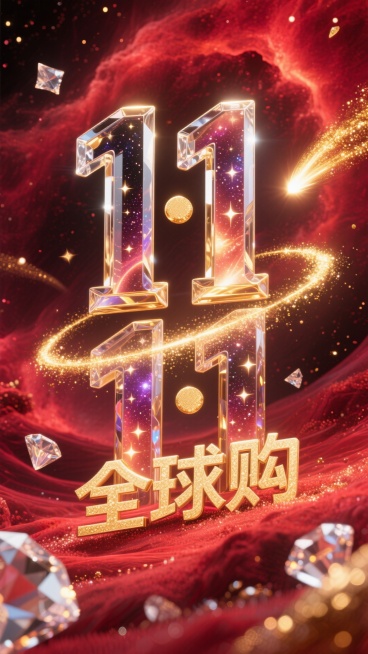 深邃的红色星云作为背景，中心是水晶般通透的“11·11”立体字，内部有星河流动。金色的“全球购”艺术字如星座般闪耀，周围是拖着金色光尾的流星与钻石尘埃。预览效果