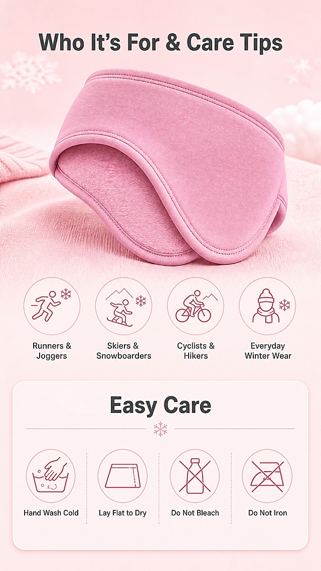 [商品] 使用【图1】粉色保暖发带；商品处理：保留发带整体弧形护耳造型、外层哑光弹力面料、内层粉色抓绒、双道缝线包边、整体粉色调；自然理顺面料纹理，增强抓绒蓬松质感与缝线工整度，不改变版型、颜色和结构。
[画面] 目标：适用人群与保养说明页，总结适用场景并提供洗护建议。构图：上半部分发带折叠摆放+适用人群图标组，下半部分洗护保养卡片。主体占比：发带+图标+卡片占画面70%。景别：产品中景+信息卡片组合。前中后景：前景信息卡片，中层发带与图标，后景柔粉色渐变背景。阅读动线：从上至下，先看适用人群，再看洗护保养。
[视觉] 套系策略：风格=跨境极简高级商业摄影；标题字=现代无衬线粗体（英文字体）；正文字=简洁无衬线体；主色=柔粉色+深灰蓝；背景延展=基于柔粉色做深浅渐变、冬季冷调同色系层次、细腻织物/纸张质感；强调色=暖白色，仅用于小面积图标、引线和标签高光；标题色=深炭灰；正文色=中暖灰；组件=圆角信息卡、简约线性图标、分割线；光影=正上方柔光，整体干净明亮。
[文字] 顶部主标题"Who It's For & Care Tips"；上半部分四个适用人群图标+文字："Runners & Joggers" / "Skiers & Snowboarders" / "Cyclists & Hikers" / "Everyday Winter Wear"；下半部分洗护卡片标题"Easy Care"，内容："Hand Wash Cold" / "Lay Flat to Dry" / "Do Not Bleach" / "Do Not Iron"；文字全部横向排版。
[规格] 图片比例9:16竖版，4K分辨率，避免变形、错字、文字过小、发带颜色改变、纯白背景、图标风格不统一。