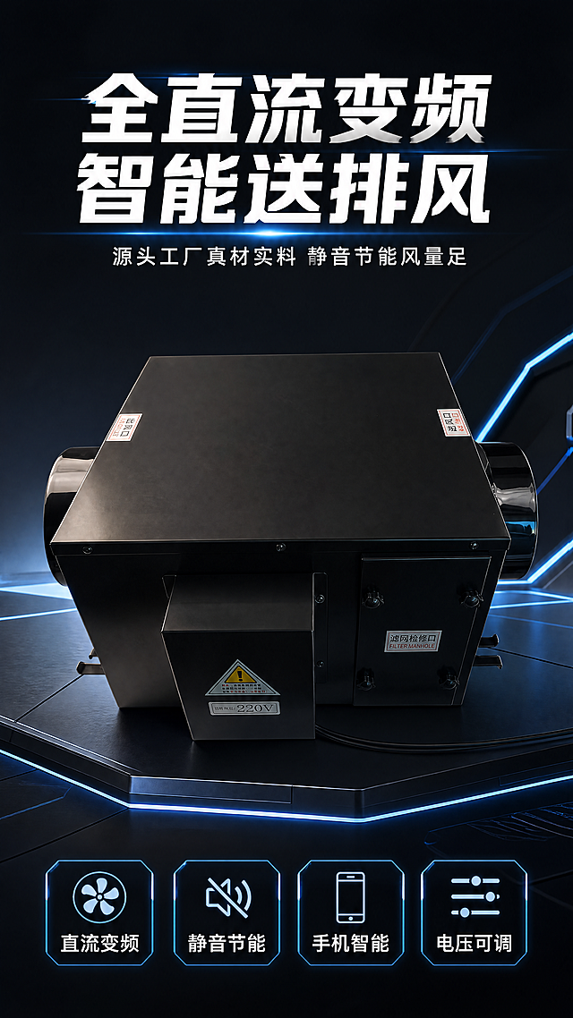 使用商品详情页技能根据商品图「图片1」「图片1」「图片1」「图片1」「图片1」「图片1」「图片1」「图片1」「图片1」生成详情页，参考图为「图片1」「图片1」「图片1」「图片1」「图片1」「图片1」「图片1」「图片1」「图片1」「图片1」「图片1」，商品名称为全直流变频DC智能送排风机，卖点为源头工厂 直流变频多档可调 静音 节能 风量足 电压可调节 手机智能 真材实料 不虚假标注，适配平台为淘宝/天猫，图片比例为9:16，需求屏数为9张，