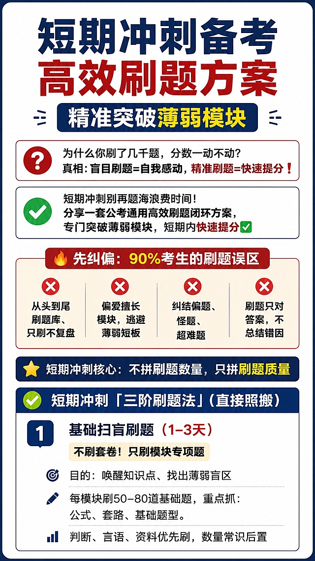 【短期冲刺备考高效刷题方案，精准突破薄弱模块
为什么你刷了几千题，分数一动不动？ 真相：盲目刷题=自我感动，精准刷题=快速提分❗️
短期冲刺别再题海浪费时间！分享一套公考通用高效刷题闭环方案，专门突破薄弱模块，短期内快速提分✅
🔥 先纠偏：90%考生的刷题误区
❌ 从头到尾刷题库、只刷不复盘 ❌ 偏爱擅长模块，逃避薄弱短板 ❌ 纠结偏题、怪题、超难题 ❌ 刷题只对答案，不总结错因
短期冲刺核心：不拼刷题数量，只拼刷题质量
✅ 短期冲刺「三阶刷题法」（直接照搬）
1. 基础扫盲刷题（1-3天）
不刷套卷！只刷模块专项题 目的：唤醒知识点、找出薄弱盲区 每模块刷50–80道基础题，重点抓：公式、套路、基础题型。 判断、言语、资料优先刷，数量常识后置
2. 薄弱突破刷题（核心提分期）
刷题不再平均用力！哪里弱专攻哪里 ✅ 资料慢/易错：专攻速算、基期、比重、平均数高频考点 ✅ 判断混乱：集中刷类比、定义、逻辑加强削弱，固化套路 ✅ 言语纠结：主攻逻辑填空、中心理解，杜绝语感做题 ✅ 申论低分：小题专项刷题，练踩点、分层、规范词
原则：薄弱模块刷题量翻倍，优势模块保持手感即可
3. 套卷模考刷题（考前全真适配）
每天1套真题套卷，严格限时模拟考场状态 不超时、不查书、不暂停、不回头改题 重点练：时间分配、做题节奏、取舍能力 短期冲刺，真题质量远高于模拟题！
💡 绝杀关键：刷题必做「复盘流程」
刷题不提分，全是因为不复盘！ 每道错题只分三类，精准定位问题：
1. 粗心失误：审题、计算、看错关键词（日常规避） 2. 知识点漏洞：公式不会、套路不清（立刻补知识点） 3.题型盲区：完全没思路（单独积累高频难题）
复盘>刷题！错题二刷正确率，才是提分关键
📌 各模块短期冲刺刷题重点
资料分析｜必保90%正确率 每天4篇，专攻高频考点，放弃冷门偏题，稳住最高分模块
判断推理｜固化答题模板 图推记规律、类比辨关系、逻辑背框架，不用脑洞靠套路
言语理解｜拒绝语感做题 积累高频成语、固定搭配，学会抓主旨、找重点，减少纠结
数量关系｜只抓简单题型 主攻最值、工程、利润、行程基础题，难题直接战略性放弃
申论｜小题为王 刷题重点：踩点精准、分层清晰、小标题规范，贴合阅卷标准
✨ 最后冲刺忠告
备考后期，停止无效题海，转向精准突破。 稳住优势、补齐短板、坚持复盘，短期也能实现弯道超车！ 别假装努力，结果不会陪你演戏💪】按照以上内容，生成2-3张图片，文字占比要达到95%，图与图之间一定要高度衔接