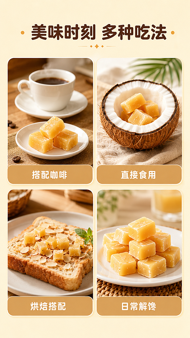 [第5屏] 春光椰子糖多种吃法场景展示屏。本屏使用【图1】产品细节展示不同搭配吃法。
[氛围/风格] 真实生活化场景，温馨食欲感，明亮温馨，和全套风格光影统一。
[元素布局] 本屏使用2×2网格布局，四个圆角卡片展示四种吃法：左上为搭配咖啡，盘子放三块椰子糖搭配一杯黑咖啡；右上为直接食用，椰子糖放在半颗椰子壳容器中；左下为搭配烘焙，椰糖切小块放在面包片上；右下为作为零食，多块椰糖码放盘中。每个卡片上方放图，下方放浅棕底标题条。页面顶部预留大标题位置，整体均匀分布不拥挤。
[光影质感] 每个场景卡片光线均匀自然，突出食物搭配的食欲感，整体和首屏光影色调统一。
[配色色系] 全局底色 #F8F0D7（浅沙色）；卡片为白色底，标题条浅棕色；文字沿用深棕色 #5D4037。
[视角构图] 每个卡片为平视角度，卡片间距合适，整体页面干净，符合移动端浏览。
[文字版式] 顶部大标题“美味时刻 多种吃法”，圆角粗黑体，深棕色纯色填充，字号占画面宽度7%，居中。每个卡片下方标题分别为“搭配咖啡”“直接食用”“烘焙搭配”“日常解馋”，白色文字，圆角字体，字号约大标题30%，每个卡片标题居中。
[比例分辨率] 9:16竖版比例，4K分辨率，文字清晰可读。
[负向提示词] 场景变形，食物模糊，文字位置错乱，卡片拥挤，颜色偏差，水印。