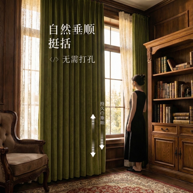 把窗帘的颜色变成橄榄绿色，不要改变原来窗帘的质感材质，其余保持不变，也不要改变字的字体，颜色，大小，排版布局；（换色）预览效果