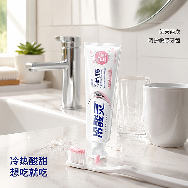 [主图-4] 冷酸灵专研抗敏牙膏使用场景图，晨间洗漱生活方式，真实生活化风格。
[氛围风格] 温馨晨间浴室场景，干净整洁，生活真实感，舒适治愈。
[画质] 商业摄影质感、光线柔和通透、产品清晰真实、画面干净高级、超高清细节。
[元素] 画面中是一个现代化的白色浴室洗手台场景。洗手台中央摆放着冷酸灵专研抗敏益生菌牙膏（沁润白桃味）和一支白色牙刷，牙膏盖子打开，管口有少许粉色膏体。旁边有透明玻璃杯、白色漱口杯。背景是白色瓷砖墙面和浴室镜子的局部反射。窗台上有一小盆绿色多肉植物。阳光从左侧窗户照进来，在台面上形成柔和光影。台面上散落着几滴水珠。整体是真实的晨间洗漱场景，温馨自然。保持牙膏产品外观与输入产品图绝对一致，杜绝任何变形和色差。商品主体占比约40%。
[光影] 左侧窗光为主光源，自然光柔和温暖，产品和器物有自然的明暗过渡和倒影，整体明亮通透，生活感强。
[配色] 主色调白色+浅灰+木色，辅助色冷酸灵蓝、粉色膏体、绿植点缀。
[视角构图] 平视角度，洗手台场景，产品在视觉中心位置，周围洗漱用品自然摆放，背景虚化，满版无边框。
[文字版式] 画面右上角文字"每天两次 呵护敏感牙齿"黑色细体中号；左下角"冷热酸甜 想吃就吃"蓝色粗体中号。文字放在墙面负空间，不遮挡产品主体。
[输出要求] 1:1比例，文字清晰锐利，超高清商业摄影质感。
[负向提示词] 变形，文字错乱，产品图模糊，背景杂乱，水印，电商平台Logo，二维码，联系方式。