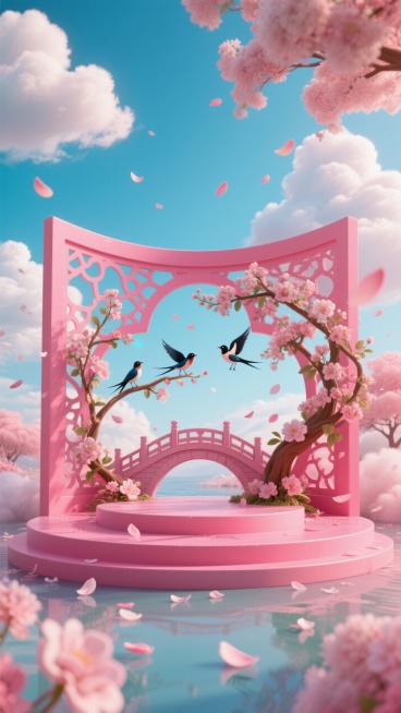 七夕氛围电商展台，正视图，明亮的玫红色为主色，镂空效果，花枝缠绕的鹊桥、花瓣、小小的喜鹊、蓬松柔软的云朵，色彩明亮饱和度高预览效果