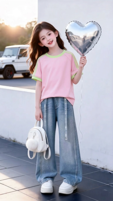 用图1短袖替换掉图2的模特身上穿的衣服，保留原场景光影，保持图2的人物的五官和发饰不变，下身穿着不变，姿势不变，背景不变，图片宽高尺寸不变，保持图1的短袖的款式材质不变和颜色不变，高清预览效果