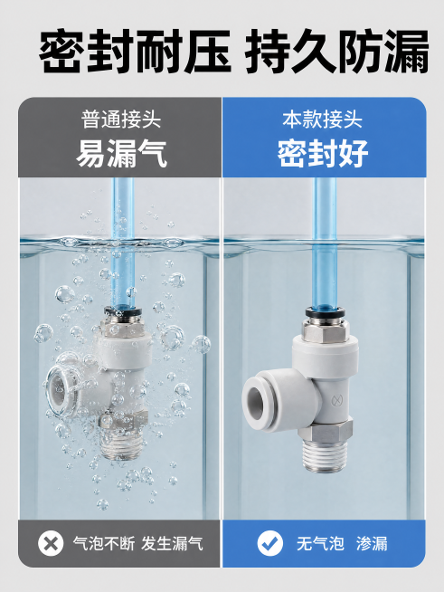 [第7屏] 密封性能测试-耐压防漏对比测试。
[氛围/风格] 专业测试对比，浅灰色调，结果直观。
[元素布局] 左右分栏对比展示，左侧普通接头泡水出现气泡，右侧本款气动节流阀接头泡水无气泡，本款产品保预览效果