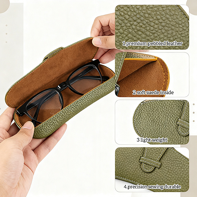 Product detail advantages showcase, follow layout from reference https://24.jpg. Main image: hands holding open glasses case with glasses inside, four small detail images on right: 1. premium pebbled leather 2. soft suede inside 3. light weight 4. precision sewing durable. All English text, use our olive glasses case to showcase, keep leather texture correct. 1:1 square, clear text, clean layout. No Chinese. Negative prompt: wrong product, Chinese characters, blurry text