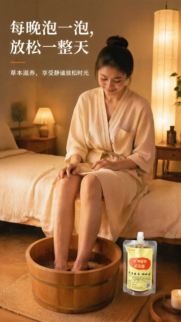 [第6屏] 真人居家泡脚使用场景展示。本屏展示亚洲女性居家放松泡脚场景。[氛围/风格] 温馨治愈，高级自然风，暖调舒适光线，沉浸式放松氛围。[元素布局] 画面中景展示双脚泡在木质泡脚桶中，足浴液包装袋预览效果