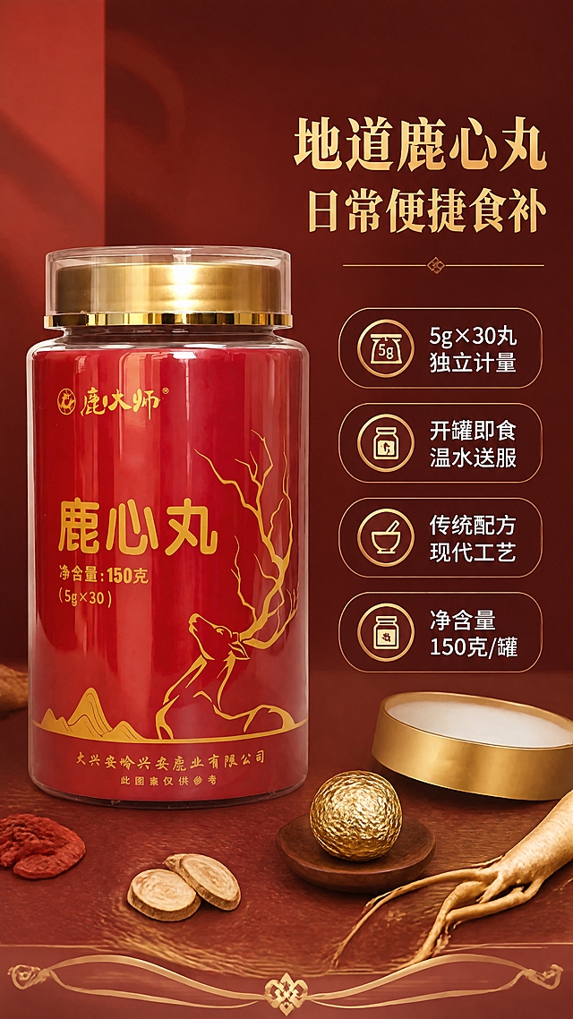 [商品] 使用【图2】鹿大师鹿心丸红色瓶身正面图；保留瓶身结构、正红色瓶体、金色旋盖、金色Logo、金色"鹿心丸"字样、金色鹿头图案、底部山形纹样，所有瓶身文字与图案原样保留。
[画面] 目标：产品实物展示，突出地道鹿心丸日常便捷食补。构图：左图右文竖版，左侧约60%区域为产品实物展示，右侧约40%为文案信息；主体产品瓶身居中偏左，占画面约50%；右下角露出独立小丸特写（金色锡纸包裹的丸剂）与打开的瓶盖；背景为深红色渐变+细腻暗纹，底部有金色中式装饰线条；前景点缀少量枸杞、人参等滋补食材小元素。
[视觉] 套系策略：风格=中式滋补高端商业摄影，京东严谨版式；标题字=中式衬线粗体（宋体类），厚重有力量；正文字=现代无衬线体，清晰易读；主色=中国红+暗金色；背景延展=深红渐变+同色系暗纹肌理；强调色=暖金色，仅用于小面积图标、引线、装饰线条；标题色=暖金色；正文色=米白色；组件=金色细线分割、圆角信息卡、中式纹样装饰；光影=左前侧暖柔光，产品受光均匀，瓶身高光自然。
[文字] 右侧上部主标题「地道鹿心丸」，副标题「日常便捷食补」，下方4个信息点：① 5g×30丸独立计量 ② 开罐即食 温水送服 ③ 传统配方 现代工艺 ④ 净含量150克/罐；文字全部横向排版，不遮挡产品主体；字号移动端清晰可读。
[规格] 京东详情页单屏9:16竖版，分辨率4K，quality=medium。避免变形、错字、文字过小、冷蓝背景、瓶身颜色改变、包装文字错乱、医疗功效承诺、极限词。